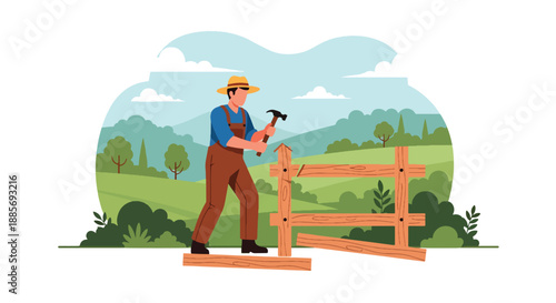 Vector illustration of a USA farmer repairing a wooden fence, highlighting rural maintenance, responsibility, and hardworking American farm life in flat vector style