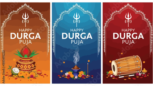 Happy Durga Puja vector banner set with trident, kalash, dholak drum, and flowers in red, blue, brown. Hindu festival celebration template.