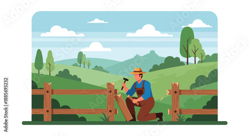 Vector illustration of a USA farmer repairing a wooden fence, highlighting rural maintenance, responsibility, and hardworking American farm life in flat vector style