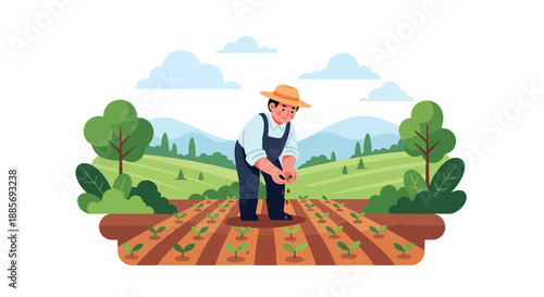 Vector illustration of a USA farmer planting seeds by hand, representing early crop growth, sustainable farming practices, and rural agriculture in flat vector style