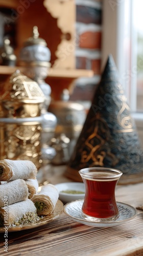 Mangoes are cut and arranged in bowls with nuts and Arabic coffee on a wooden table in a traditional Turkish setting