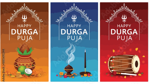 Happy Durga Puja vector banner set with kalash, incense, and dhol drum, traditional Hindu festival celebration template