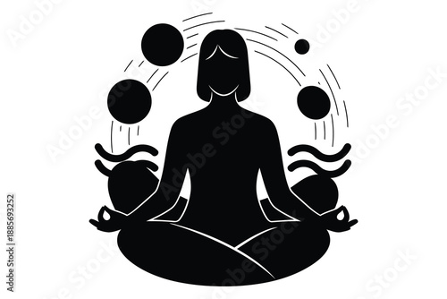 woman sitting in lotus position meditating with hands in mudra and surrounded by abstract shapes