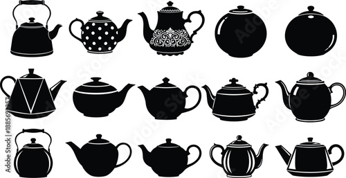 Black Teapot Silhouettes Set with Vintage Ceramic Kettles Modern Tea Pot Designs and Traditional Kitchenware Icons Isolated on White Background for Vector Graphic Design