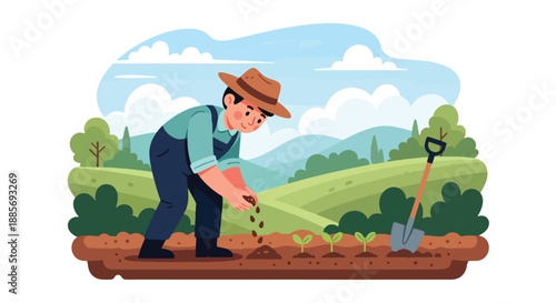 Vector illustration of a USA farmer planting seeds by hand, representing early crop growth, sustainable farming practices, and rural agriculture in flat vector style