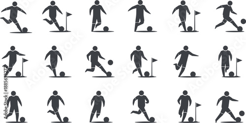 Black Soccer Player Silhouettes Set with Football Athletes Kicking Ball Dribbling and Corner Kick Poses Isolated on White Background for Sports Vector Graphic Design