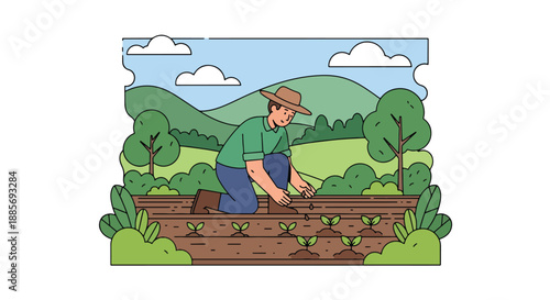 Vector illustration of a USA farmer planting seeds by hand, representing early crop growth, sustainable farming practices, and rural agriculture in flat vector style