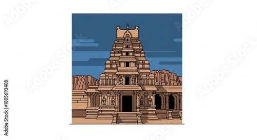 A stunning illustration of a traditional indian temple with intricate carvings and ornate details against a vibrant blue sky