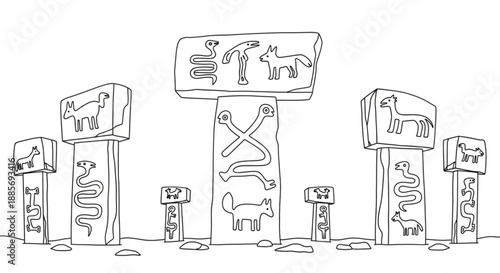 Ancient stone pillars with various animal carvings
