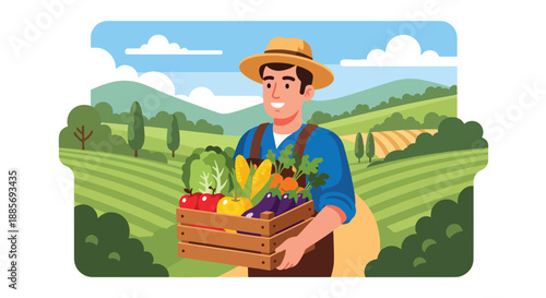 Vector illustration of a USA farmer carrying a crate of fresh produce, symbolizing organic food supply and hardworking rural American agriculture in flat vector style
