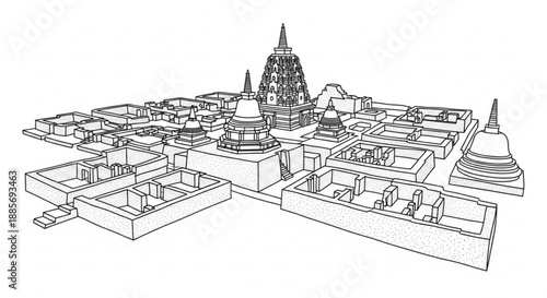 A detailed line drawing of an ancient temple complex with various structures and pagodas