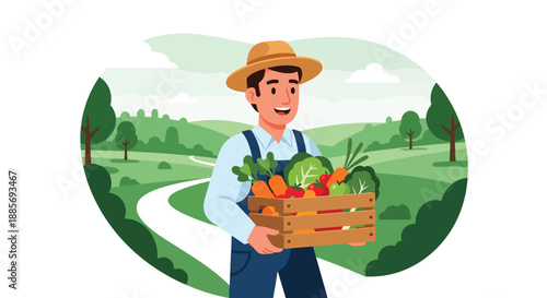 Vector illustration of a USA farmer carrying a crate of fresh produce, symbolizing organic food supply and hardworking rural American agriculture in flat vector style