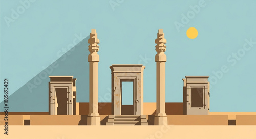 Ancient desert temple with columns and archways under a sunny sky