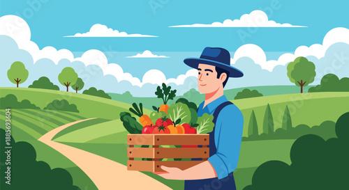 Vector illustration of a USA farmer carrying a crate of fresh produce, symbolizing organic food supply and hardworking rural American agriculture in flat vector style