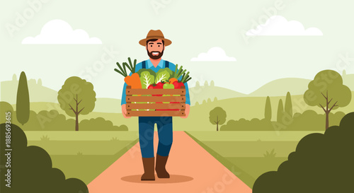 Vector illustration of a USA farmer carrying a crate of fresh produce, symbolizing organic food supply and hardworking rural American agriculture in flat vector style