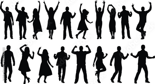 Vector illustration of dancing silhouettes—symbols for celebration, movement, emotion, diversity, posture, rhythm, gesture, energy, style, and human expression