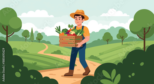 Vector illustration of a USA farmer carrying a crate of fresh produce, symbolizing organic food supply and hardworking rural American agriculture in flat vector style