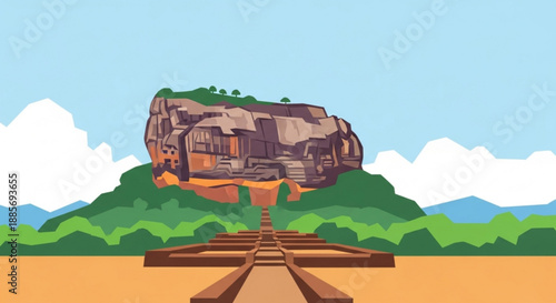 A cartoon illustration of a large rock formation on a green hill with a train track leading to it under a blue sky with white clouds