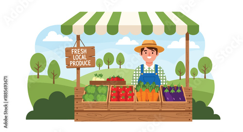 Vector illustration of a USA farmer selling vegetables at a roadside stand, representing local food markets and community-based American farming in flat vector style