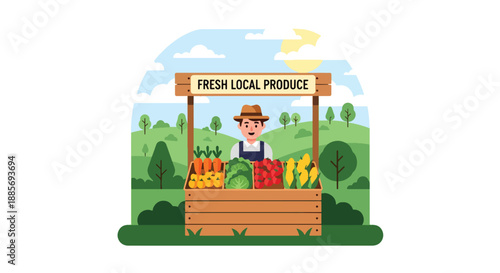 Vector illustration of a USA farmer selling vegetables at a roadside stand, representing local food markets and community-based American farming in flat vector style