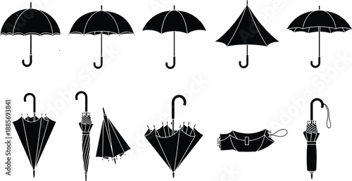 Black Umbrella Silhouettes Set with Classic Open Parasols Folded Rain Gear and Compact Weather Protection Icons Isolated on White Background for Vector Graphic Design
