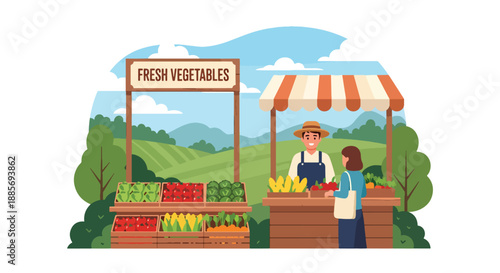 Vector illustration of a USA farmer selling vegetables at a roadside stand, representing local food markets and community-based American farming in flat vector style