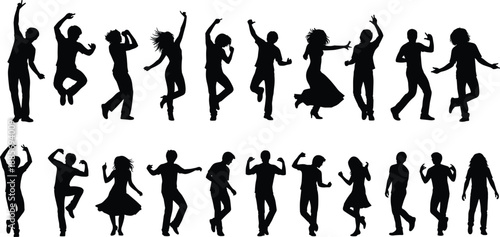 Vector illustration of dancing silhouettes—symbols for movement, celebration, emotion, posture, diversity, rhythm, gesture, energy, style, and human expression
