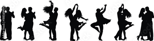 Vector illustration of dancing couple silhouettes—symbols for rhythm, movement, connection, performance, celebration, emotion, choreography, elegance, passion, and artistic expression