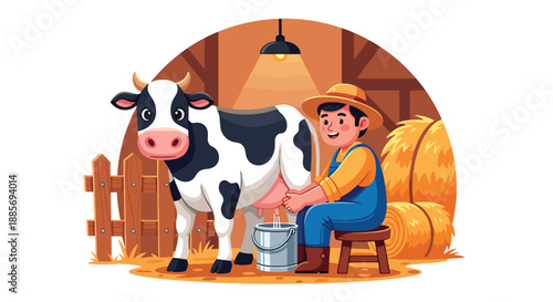 Vector illustration of a USA farmer milking a cow in a dairy farm, showing traditional livestock work and sustainable American food production in flat vector style