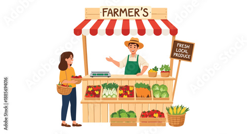 Vector illustration of a USA farmer selling vegetables at a roadside stand, representing local food markets and community-based American farming in flat vector style