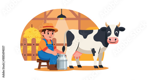 Vector illustration of a USA farmer milking a cow in a dairy farm, showing traditional livestock work and sustainable American food production in flat vector style