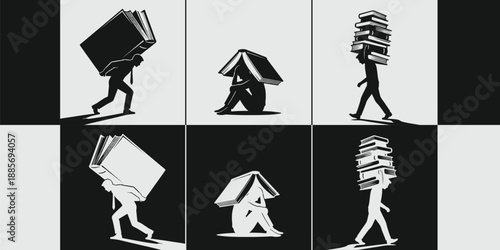 Vector Set of 3 Conceptual Illustrations of Educational Burden and Intellectual Stress