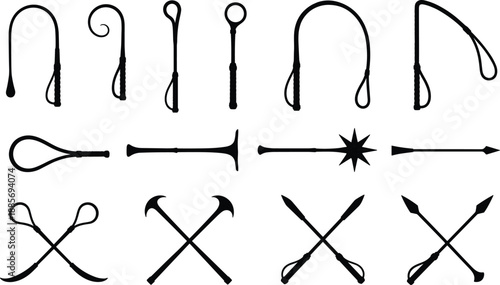 Black Whip and Lash Silhouettes Set with Various Leather Bullwhip Designs Equestrian Crops and Martial Arts Training Equipment Icons Isolated on White Background Vector
