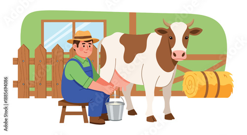 Vector illustration of a USA farmer milking a cow in a dairy farm, showing traditional livestock work and sustainable American food production in flat vector style