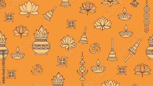 Hindu religious symbols vector seamless pattern on orange background: lotus, om, swastika, kalash, bell, diya. Indian festival Diwali, Dussehra, Ganesh Chaturthi graphic resource.