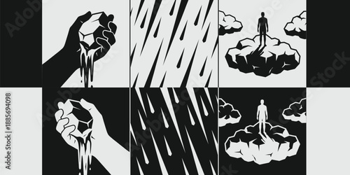 Vector Set of 3 Conceptual Illustrations Melting Hand Rain and Sky Walker