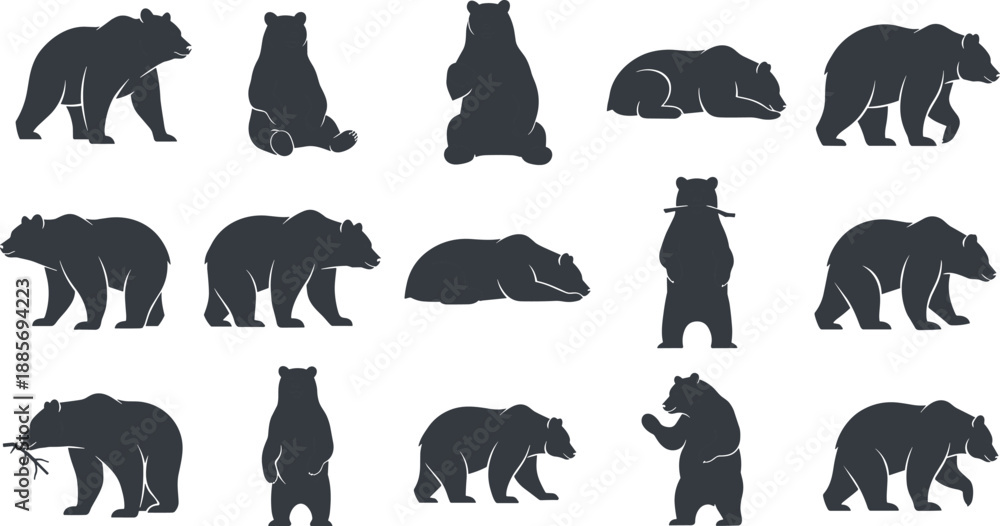 Fototapeta premium Large set of bear silhouettes in various poses including walking standing sitting and sleeping grizzly or black wild animal vector graphics for nature designs
