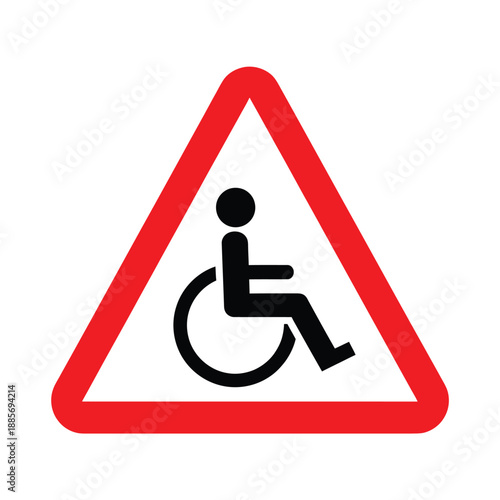 Warning sign depicting a person in a wheelchair within a redbordered triangle indicating accessibility or a hazard