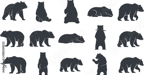 Large set of bear silhouettes in various poses including walking standing sitting and sleeping grizzly or black wild animal vector graphics for nature designs