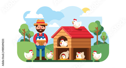 Vector illustration of a USA farmer collecting eggs from a chicken coop, representing poultry farming and fresh food supply in American rural life in flat vector style
