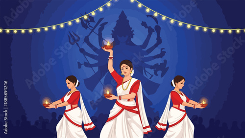 Durga Puja festival vector illustration with three women dancing, holding diyas, and Goddess Durga silhouette on blue background with string lights