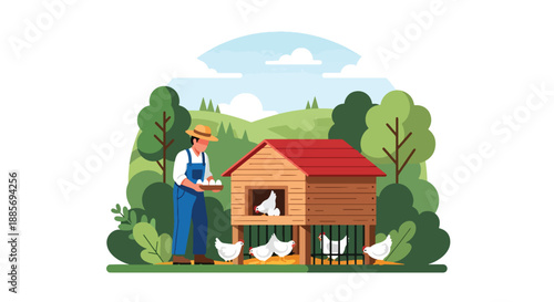 Vector illustration of a USA farmer collecting eggs from a chicken coop, representing poultry farming and fresh food supply in American rural life in flat vector style