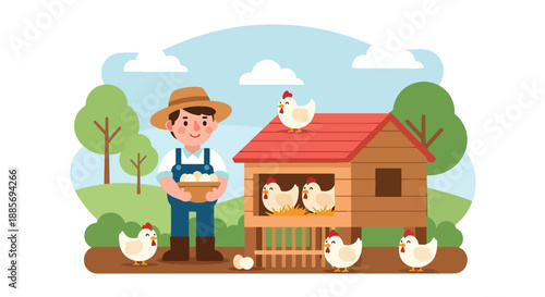 Vector illustration of a USA farmer collecting eggs from a chicken coop, representing poultry farming and fresh food supply in American rural life in flat vector style