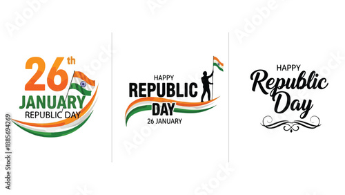 Indian Republic Day vector logo set with flag, tricolor ribbon, and text for January 26th celebration