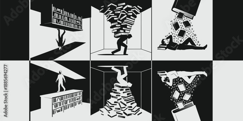 Vector Set of 3 Conceptual Vector Art of Knowledge, Intellectual Burden, and Reading Overload