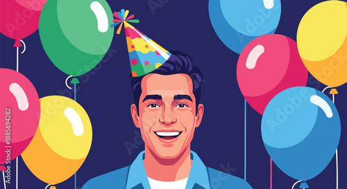 Smiling man celebrating birthday with balloons in pop art style