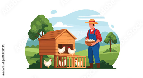 Vector illustration of a USA farmer collecting eggs from a chicken coop, representing poultry farming and fresh food supply in American rural life in flat vector style