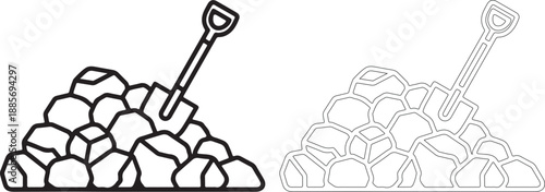Black and white line art illustrations of coal piles with shovels on top