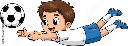 Cute cartoon little boy soccer player goalkeeper diving to catch ball isolated on white background vector illustration for sport game design and kid activity