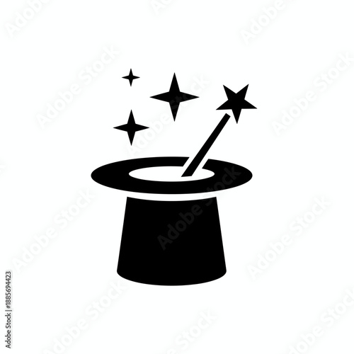 Black silhouette of magical cylinder top hat and wand with sparkles
Magic Hat with Wand and Stars Icon Illustration